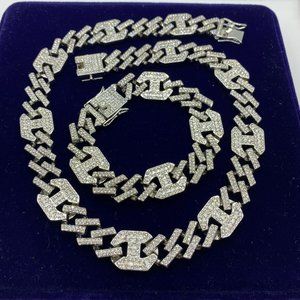 Iced Out Prong Cuban Link Chain  Necklace Bracelet SET